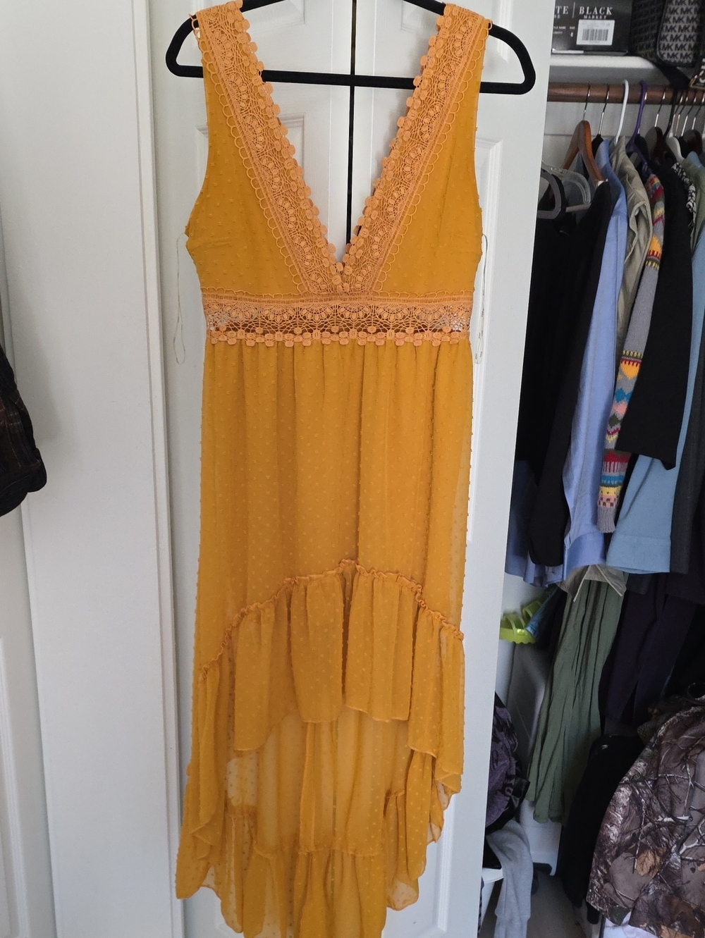 Sleeveless Mustard High-Low Lace-Trim Dress